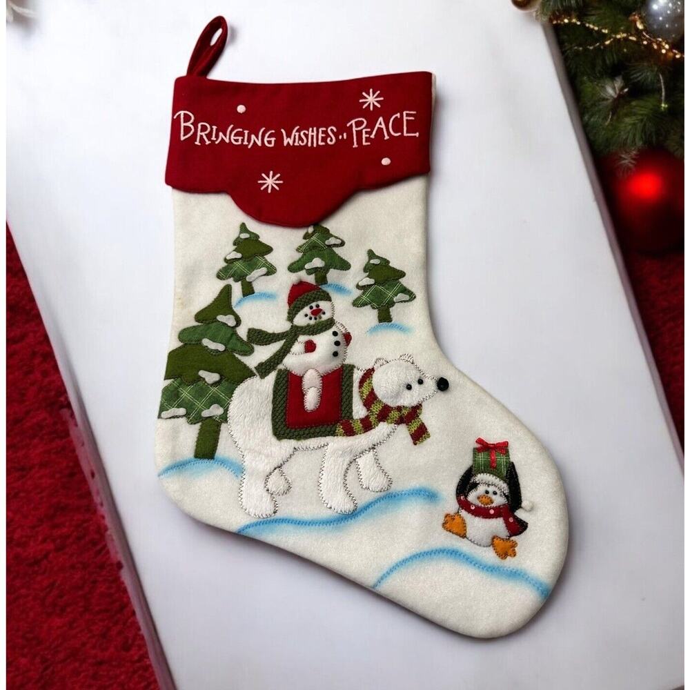 VTG Snowman On White Bear Christmas Stocking Appliqué Stitching Trees Snow